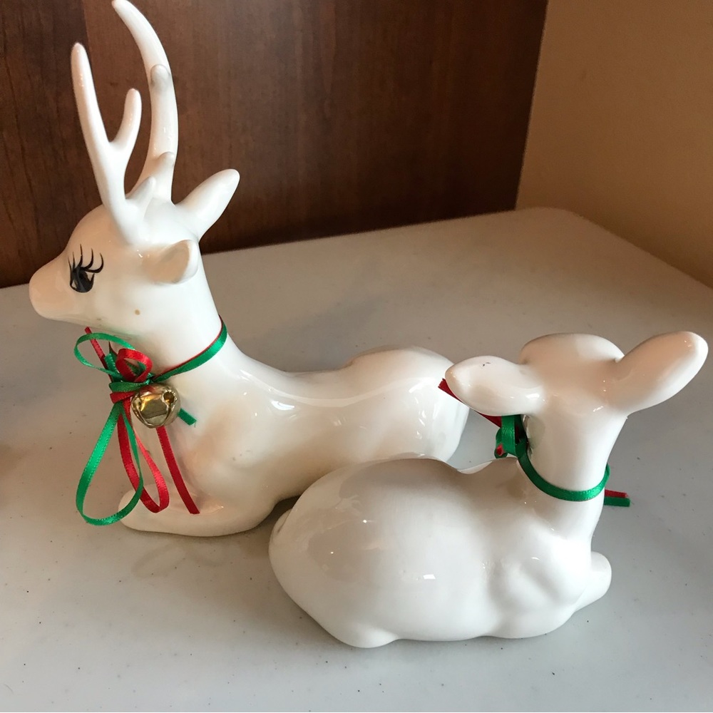 Ceramic Anthropomorphic Christmas Deer Figurines Set of Two With Ribbons - Picture 5 of 8
